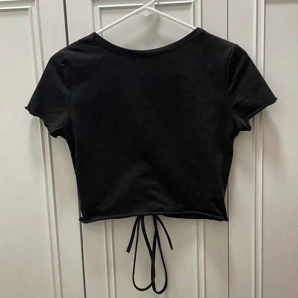 Shein Black Cropped Drawstring Ruched Tee, Size M - Picture 3 of 6